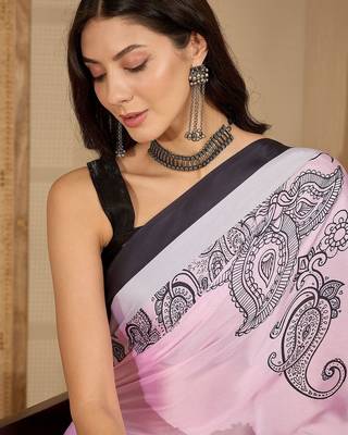 Pink paisley satin designer saree 5