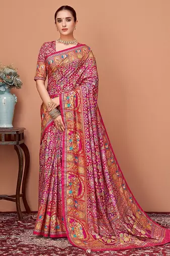 Pink ethnic motifs printed saree with unstitched blouse