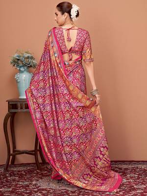 Pink ethnic motifs printed saree with unstitched blouse 2