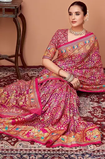 Pink ethnic motifs printed saree with unstitched blouse