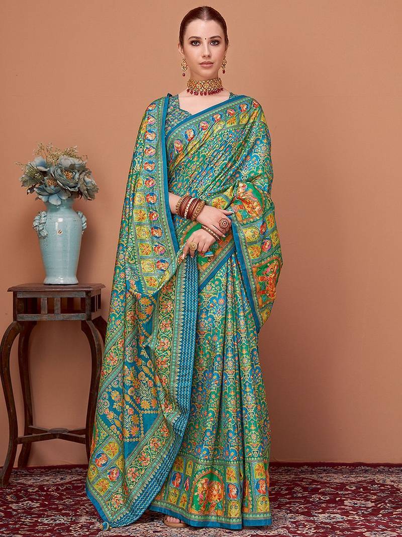 Blue ethnic motifs printed saree