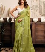 Sea green sea green linen ready to wear saree with printed design