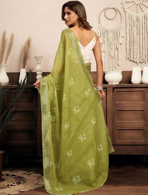 Sea green sea green linen ready to wear saree with printed design 2