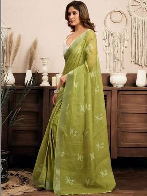 Sea green sea green linen ready to wear saree with printed design 3