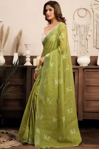 Sea green sea green linen ready to wear saree with printed design