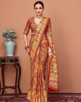 Rust ethnic motifs printed zari banarasi saree 1