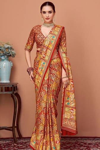 Rust ethnic motifs printed zari banarasi saree