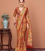 Rust ethnic motifs printed zari banarasi saree