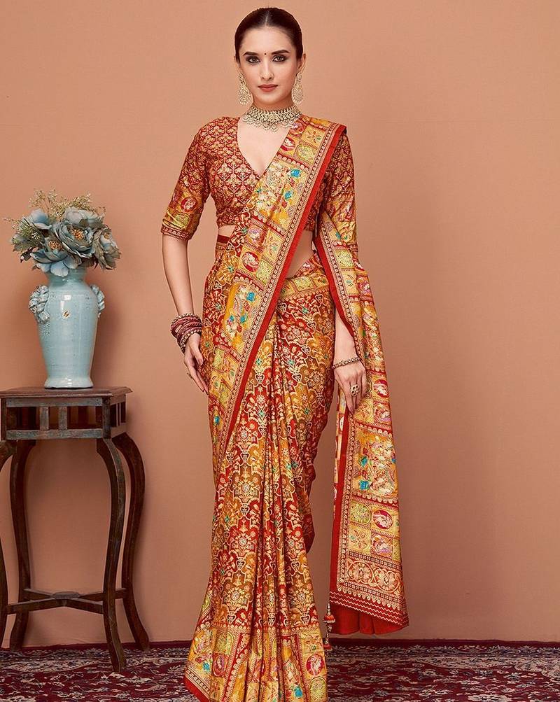 Rust ethnic motifs printed zari banarasi saree
