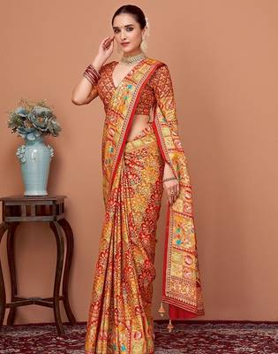 Rust ethnic motifs printed zari banarasi saree 2