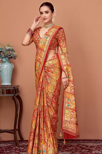 Rust ethnic motifs printed zari banarasi saree
