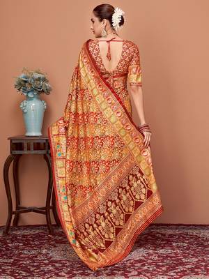 Rust ethnic motifs printed zari banarasi saree 3