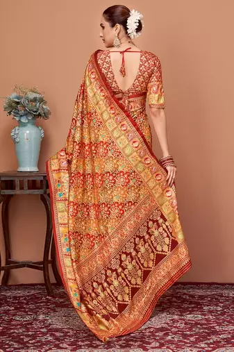 Rust ethnic motifs printed zari banarasi saree