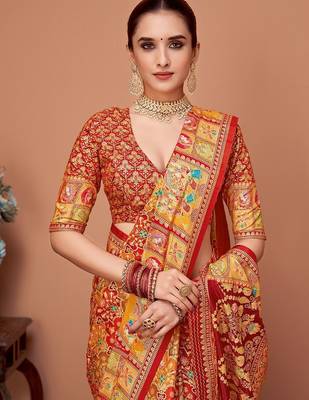 Rust ethnic motifs printed zari banarasi saree 4