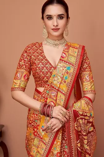Rust ethnic motifs printed zari banarasi saree