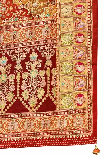 Rust ethnic motifs printed zari banarasi saree