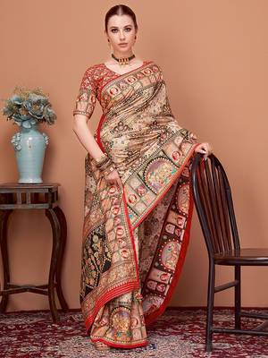 Beige ethnic motifs printed banarasi saree 1