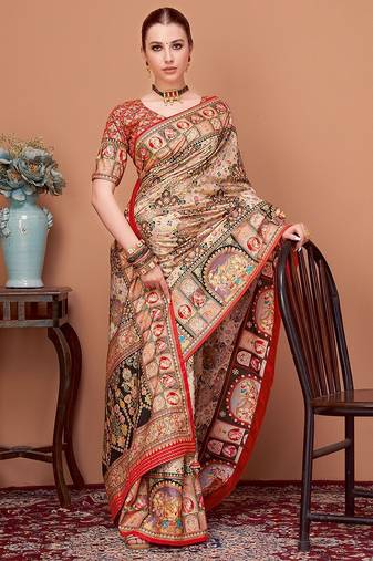 Beige ethnic motifs printed banarasi saree