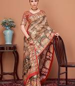 Beige ethnic motifs printed banarasi saree