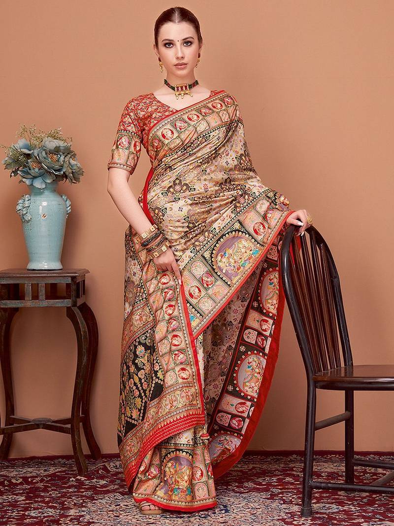 Beige ethnic motifs printed banarasi saree