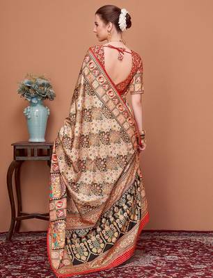 Beige ethnic motifs printed banarasi saree 2