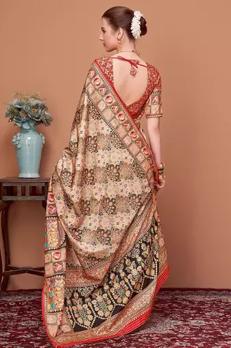 Beige ethnic motifs printed banarasi saree