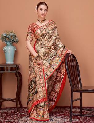 Beige ethnic motifs printed banarasi saree 3