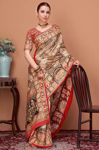Beige ethnic motifs printed banarasi saree
