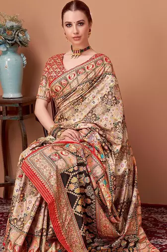 Beige ethnic motifs printed banarasi saree