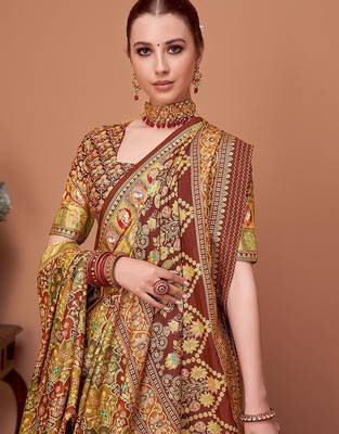 Brown women ethnic motifs printed festive wear saree with matching unstitched blouse 4