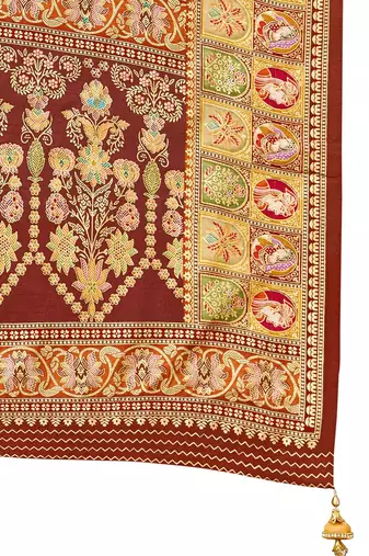 Brown women ethnic motifs printed festive wear saree with matching unstitched blouse
