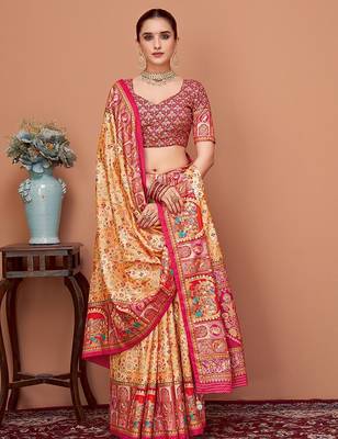 Beige women ethnic motifs printed festive wear saree with matching unstitched blouse 1