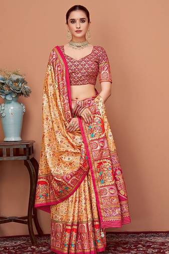 Beige women ethnic motifs printed festive wear saree with matching unstitched blouse