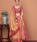 Beige women ethnic motifs printed festive wear saree with matching unstitched blouse