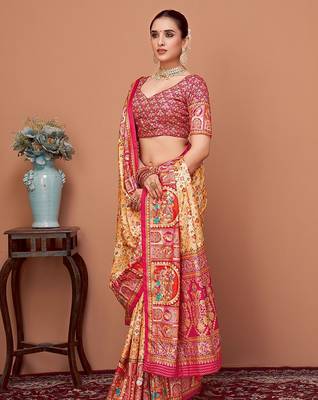 Beige women ethnic motifs printed festive wear saree with matching unstitched blouse 2
