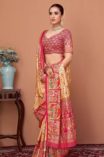 Beige women ethnic motifs printed festive wear saree with matching unstitched blouse