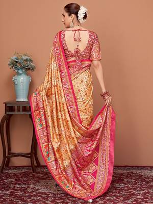 Beige women ethnic motifs printed festive wear saree with matching unstitched blouse 3
