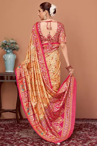 Beige women ethnic motifs printed festive wear saree with matching unstitched blouse