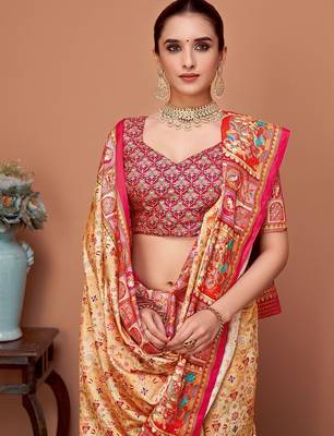 Beige women ethnic motifs printed festive wear saree with matching unstitched blouse 4