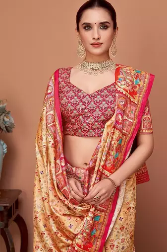 Beige women ethnic motifs printed festive wear saree with matching unstitched blouse