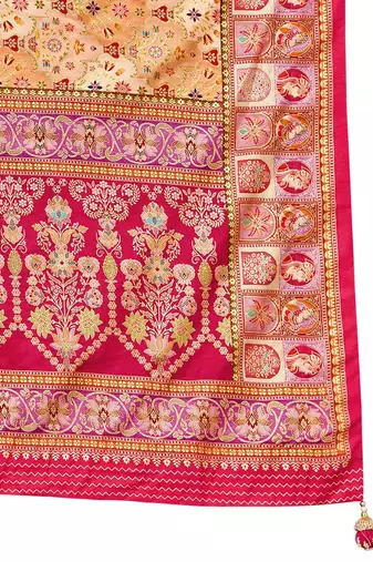 Beige women ethnic motifs printed festive wear saree with matching unstitched blouse