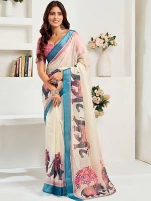 White white linen ready to wear saree with printed design 1