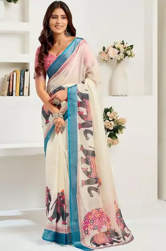 White white linen ready to wear saree with printed design