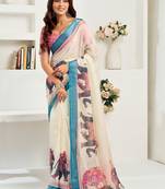 White white linen ready to wear saree with printed design