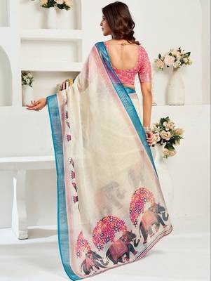 White white linen ready to wear saree with printed design 2