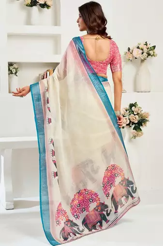 White white linen ready to wear saree with printed design