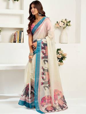 White white linen ready to wear saree with printed design 3