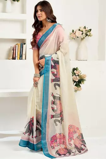 White white linen ready to wear saree with printed design