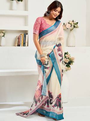White white linen ready to wear saree with printed design 4