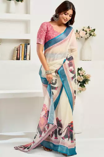 White white linen ready to wear saree with printed design